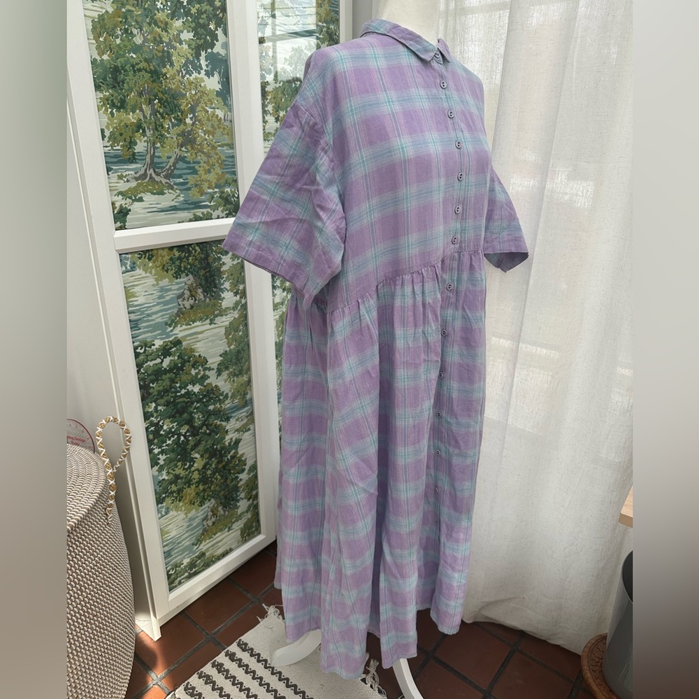 Japanese Brand Samansa Mos2 Plaid Linen Oversized Dress Sz Medium - Picture 4 of 10